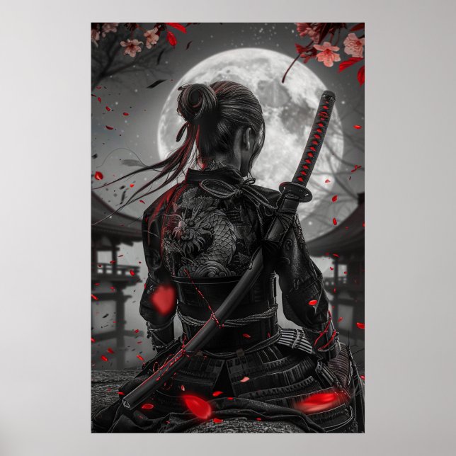 Japansk samurajkvinna med tatuering under fullmåne poster (Framsidan)