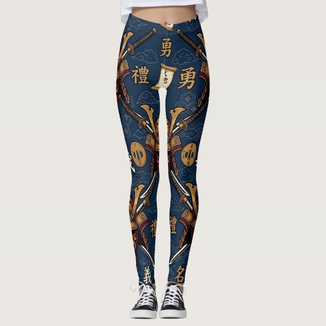 Japansk Samurajmask och Katana-mönster Leggings (Framsida)