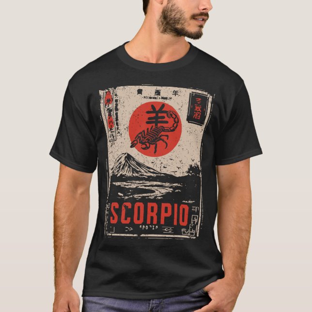Japansk Scorpio Zodiac | Red Sol Scorpion T Shirt (Framsida)