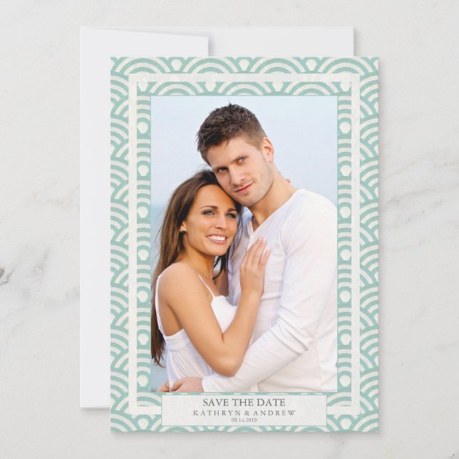 Japansk Seigaiha bröllops klara datum Platt foto Inbjudningar (Framsida)