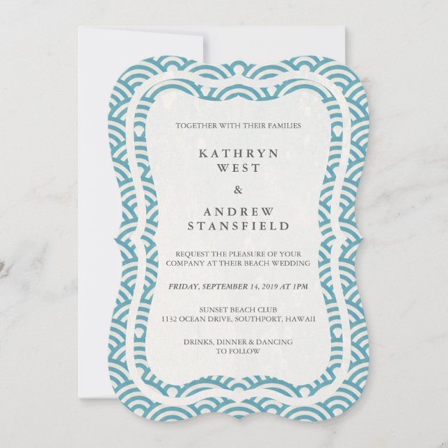 Japansk Seigaiha Vågar Elegant Beach Wedding Inbjudningar (Framsida)