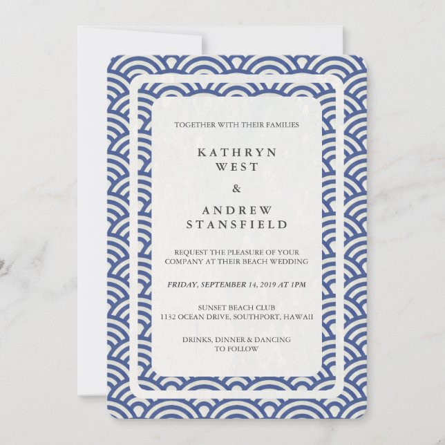 Japansk Seigaiha Vågar Elegant Beach Wedding Inbjudningar (Framsida)