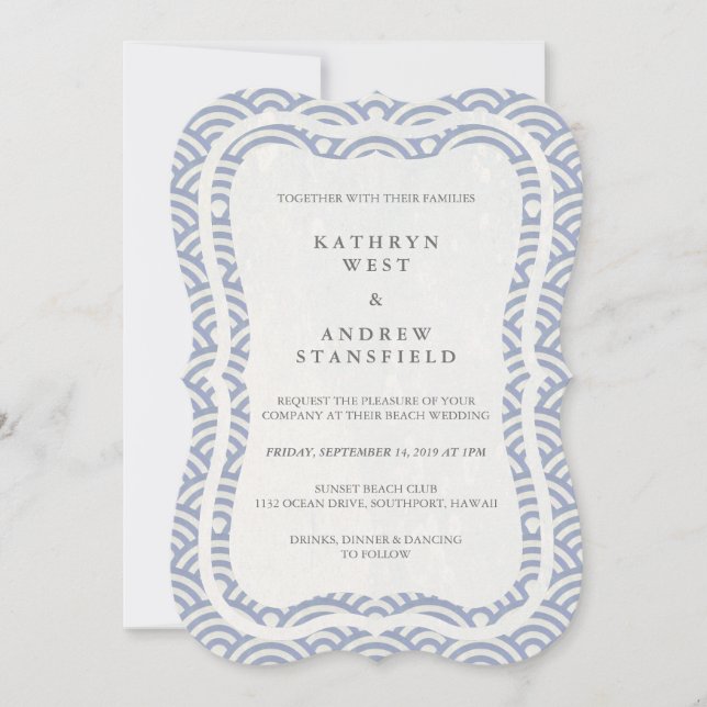Japansk Seigaiha Vågar Elegant Beach Wedding Inbjudningar (Framsida)