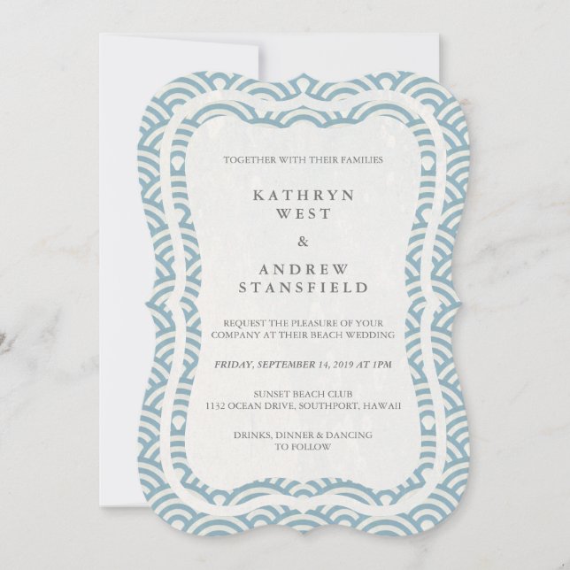 Japansk Seigaiha Vågar Elegant Beach Wedding Inbjudningar (Framsida)