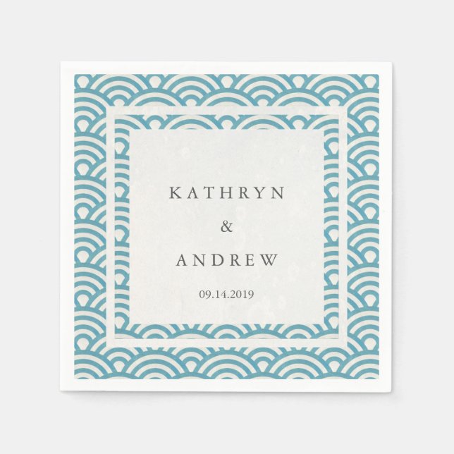 Japansk Seigaiha Vågar Elegant Blue Grönt Pappersservett (Framsidan)