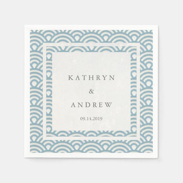 Japansk Seigaiha Vinkar Elegant Light Blue + White Pappersservett (Framsidan)