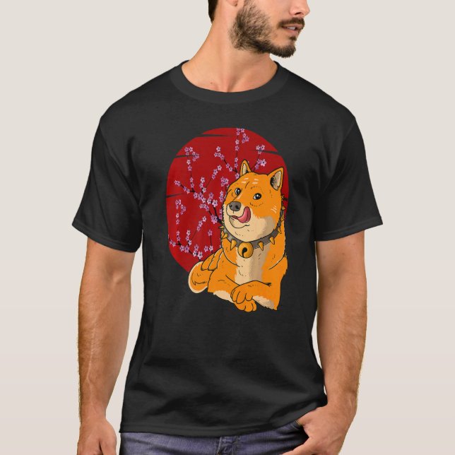 Japansk Shiba Inu Hund Cherry Blommar T Shirt (Framsida)