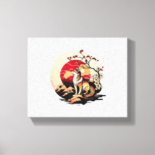 Japansk Shiba Inu Hund Sunset Ukiyo e Stil Canvastryck