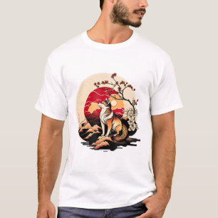 Japansk Shiba Inu Hund Sunset Ukiyo e Stil T Shirt
