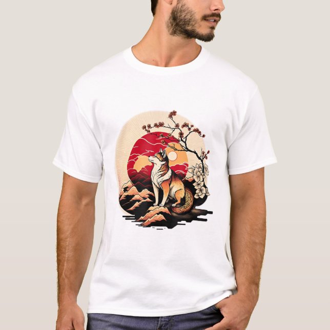 Japansk Shiba Inu Hund Sunset Ukiyo e Stil T Shirt (Framsida)