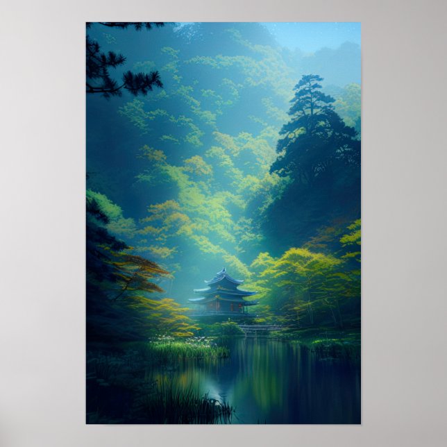Japansk Shrine i hjärtat av skogen Poster (Framsidan)
