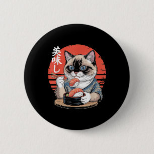 Japansk siamesisk katt som äter sushi Kawaii Anime Knapp