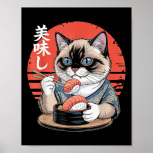 Japansk siamesisk katt som äter sushi Kawaii Anime Poster