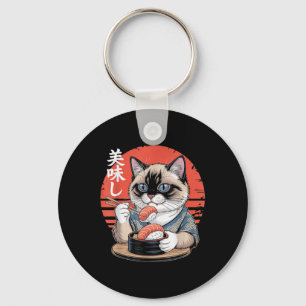 Japansk siamesk katt som äter sushi Kawaii Anime-k Nyckelring