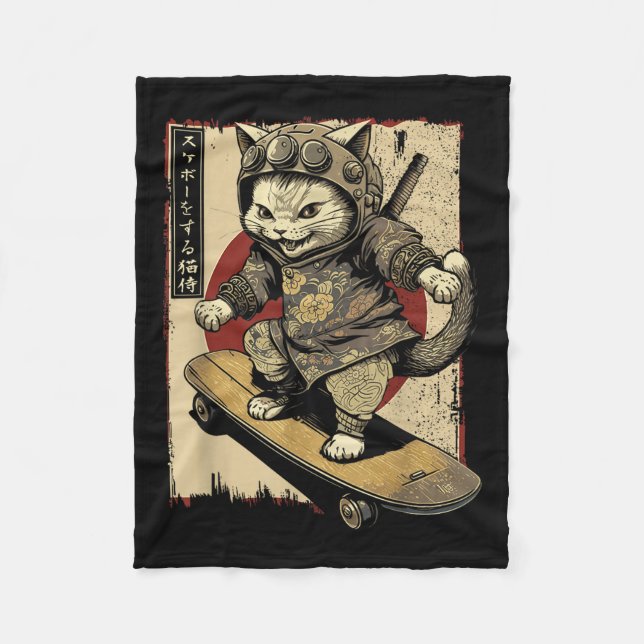 Japansk Skateboard Samurai Cat Tattoo Kawaii Ninj Fleecefilt (Framsidan)