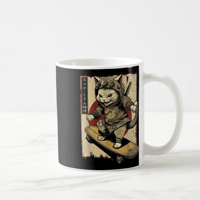 Japansk Skateboard Samurai Cat Tattoo Kawaii Ninj Kaffemugg (Höger)