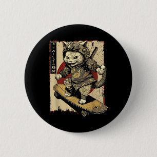 Japansk Skateboard Samurai Cat Tattoo Kawaii Ninj Knapp