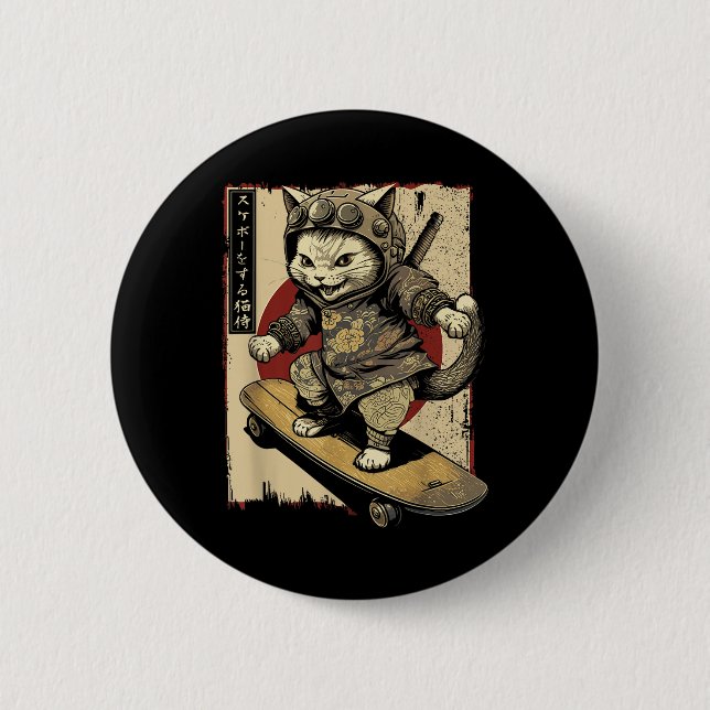 Japansk Skateboard Samurai Cat Tattoo Kawaii Ninj Knapp (Framsida)
