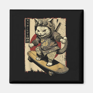 Japansk Skateboard Samurai Cat Tattoo Kawaii Ninj Magnet