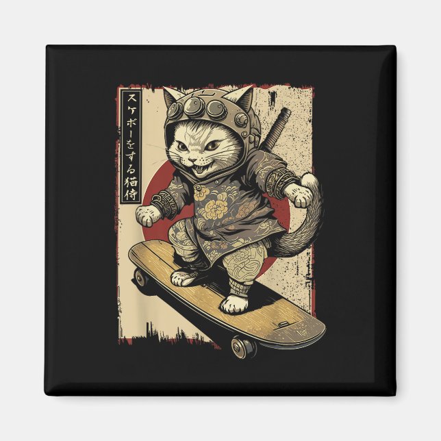 Japansk Skateboard Samurai Cat Tattoo Kawaii Ninj Magnet (Framsidan)