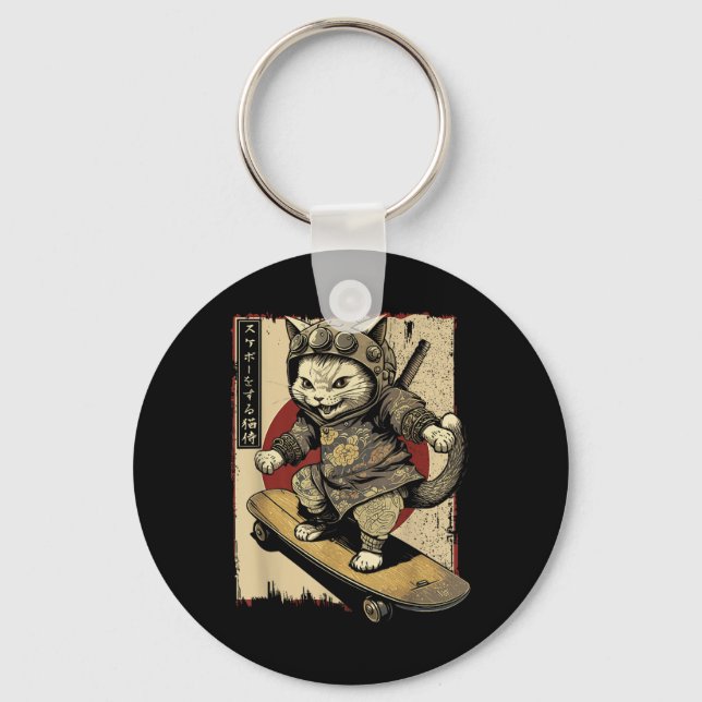Japansk Skateboard Samurai Cat Tattoo Kawaii Ninj Nyckelring (Framsida)