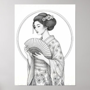 Japansk skönhet med fällbar fläkt poster