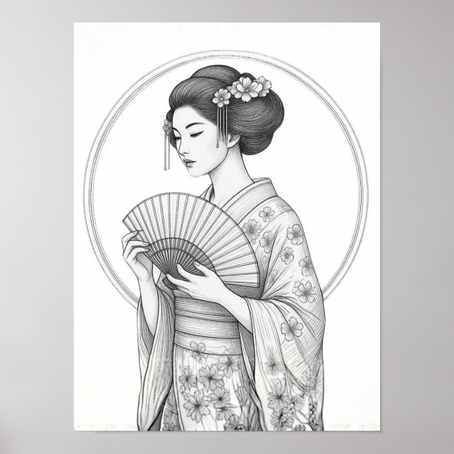 Japansk skönhet med fällbar fläkt poster (Framsidan)