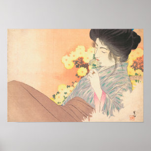 Japansk skönhet med tatuering med blommans geisha  poster