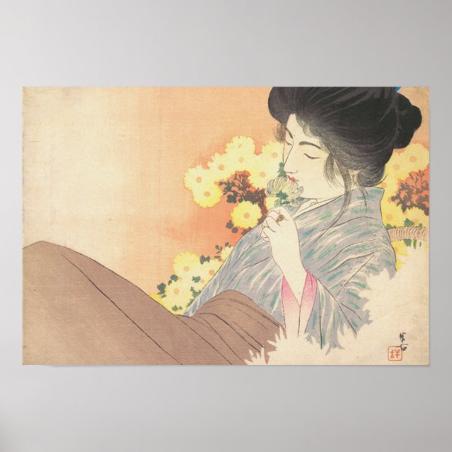 Japansk skönhet med tatuering med blommans geisha  poster (Framsidan)