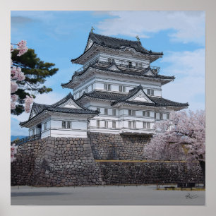 Japansk slott, Odawara, sakura illustration Poster