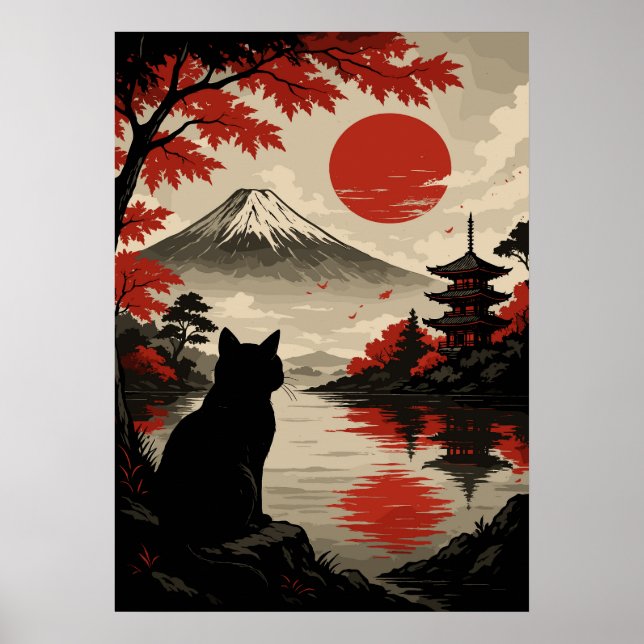 Japansk solnedgång med berget Fuji och Pagoda Poster (Framsidan)