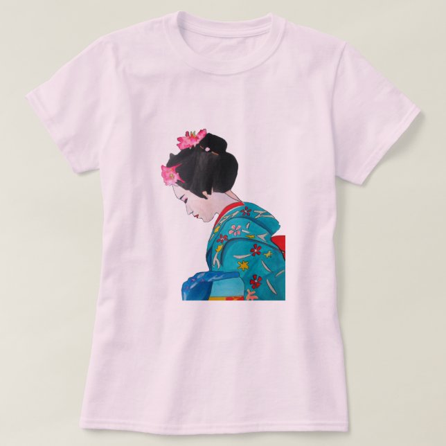 Japansk söt Geisha med körsbärs blommar T Shirt (Design framsida)