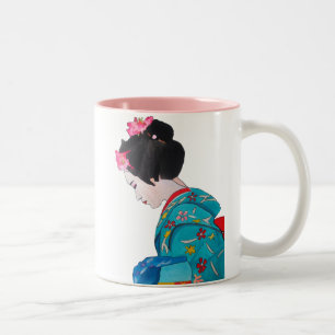 Japansk söt Geisha med körsbärs blommar Två-Tonad Mugg
