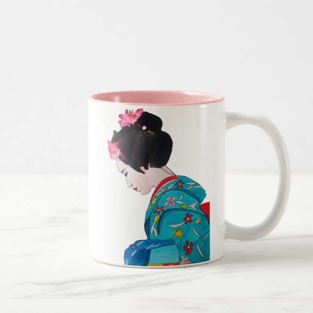 Japansk söt Geisha med körsbärs blommar Två-Tonad Mugg (Höger)