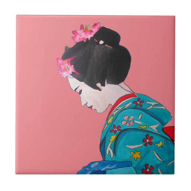 Japansk söt Geisha med rosa cherry-blommar Kakelplatta (Framsidan)