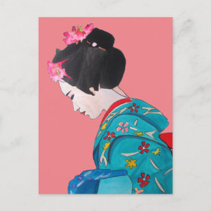 Japansk söt Geisha med rosa cherry-blommar Vykort