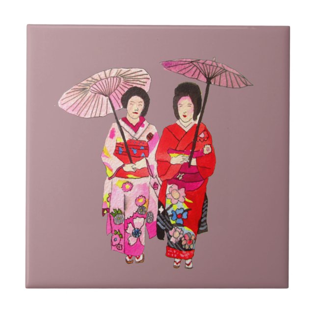 Japansk söt Geisha med rosa kimono Kakelplatta (Framsidan)