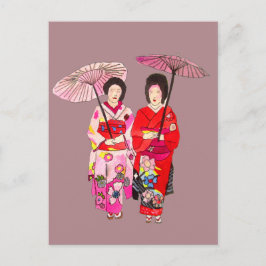 Japansk söt Geisha med rosa kimono Vykort