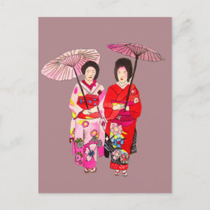 Japansk söt Geisha med rosa kimono Vykort