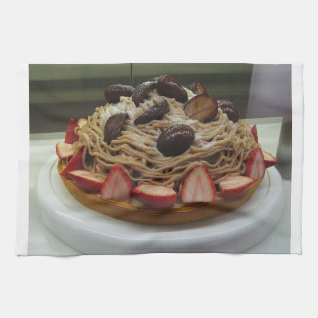 Japansk spaghetti och jordgubbskädda kökshandduk (Horisontell)