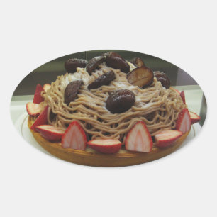 Japansk spaghetti och jordgubbskädda ovalt klistermärke