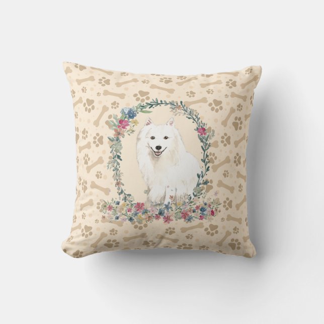 Japansk Spitz Hund Paw Print & Blommigt Cute Kudde (Framsida)