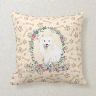 Japansk Spitz Hund Paw Print & Blommigt Cute Kudde