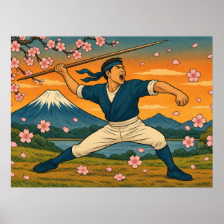 Japansk Spjutkrigare Mount Fuji-affisch Poster