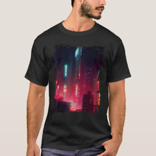 Japansk Stad Vaporwave Tokyo Natt Stadssiluett T Shirt