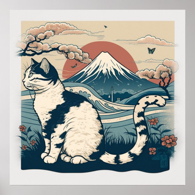 Japansk Stil Cat Art Poster för Cat Lovers (Framsidan)