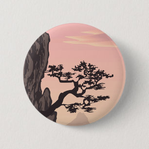 Japansk-stil Träd Silhouette i Rosa Knapp