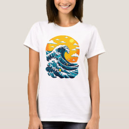 Japansk stor våg Ocean Solnedgång Grafisk konst T Shirt
