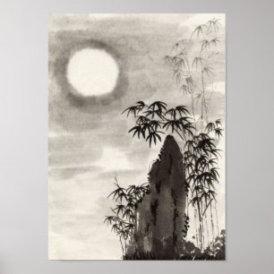 Japansk sumi-e för nattmånelandskap poster