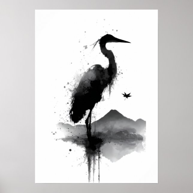 Japansk Sumi-e Trana Zen Väggkonst Affisch (Framsidan)